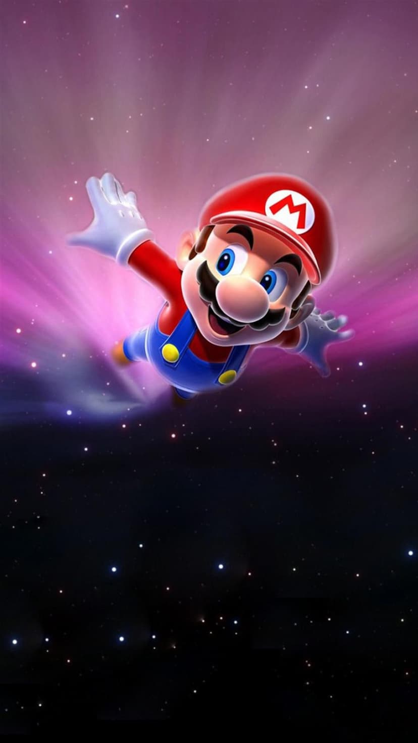 Mario floats with outstretched arms against a purple cosmic burst and a dark starry void on a vertical display.