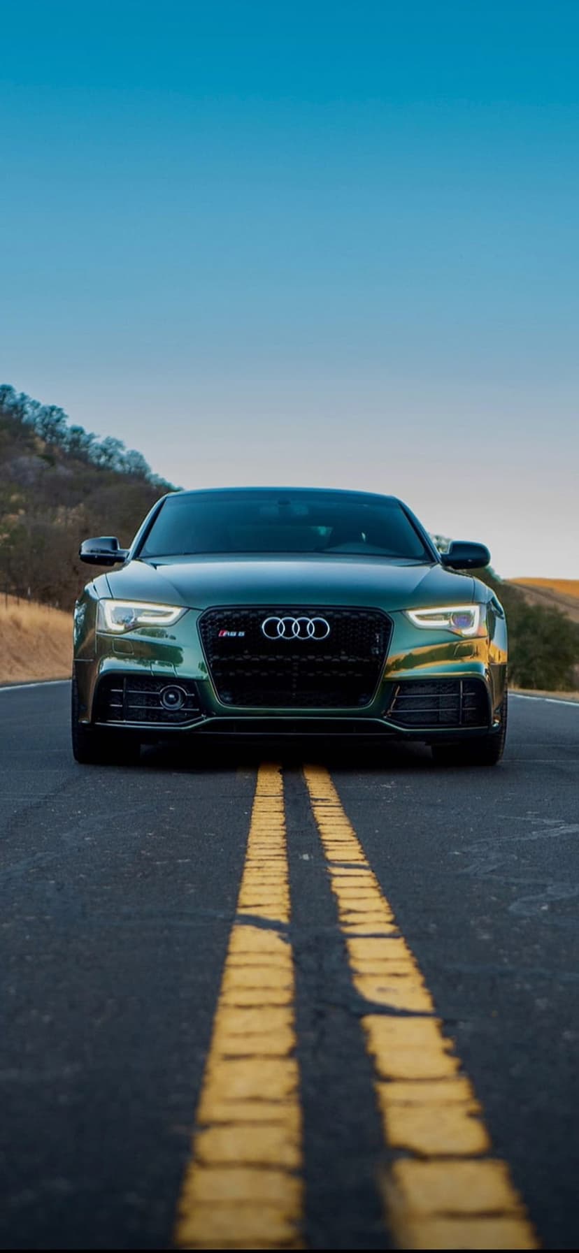 Dark green Audi RS5 coupe faces forward on a mountain highway with yellow lines and a blue sky background.