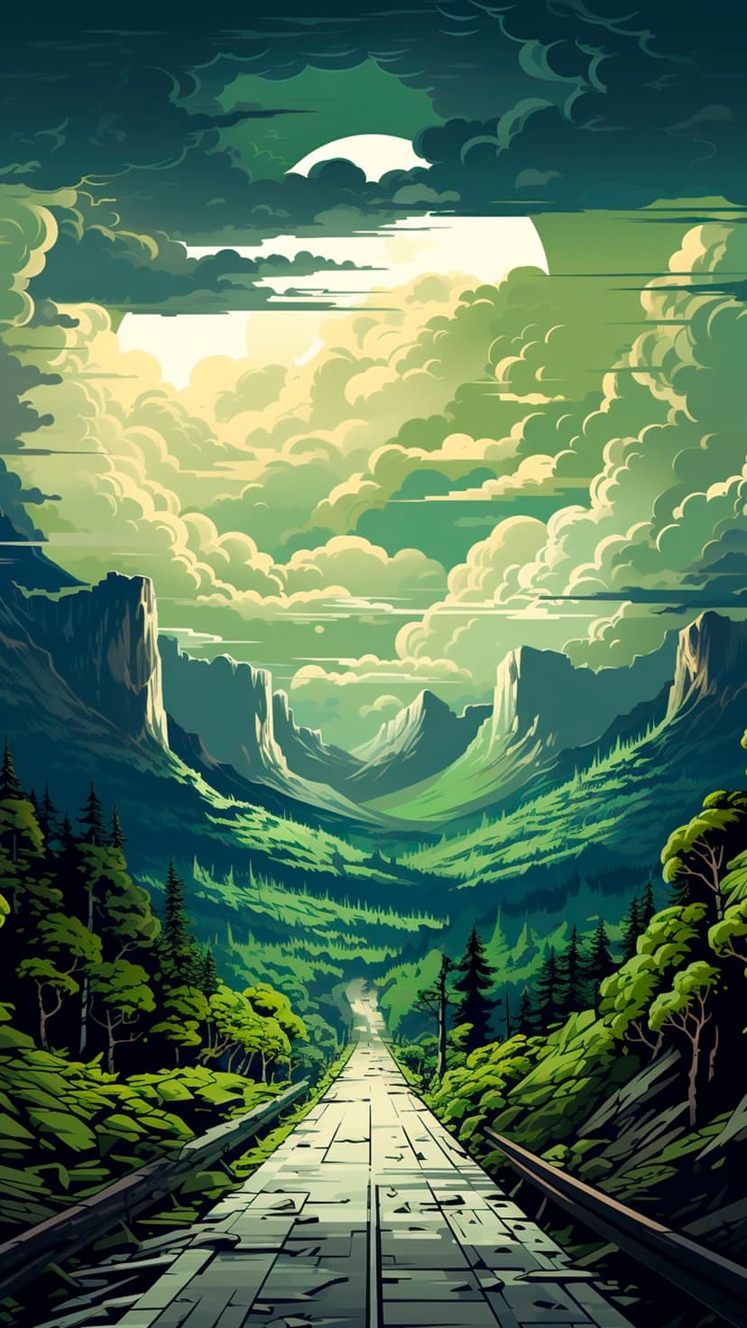 Stone path winds through lush green mountains toward a valley under glowing orange clouds during a golden sunset.