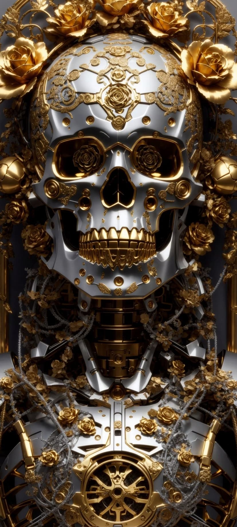 Silver metallic skull decorated with ornate gold filigree and blooming golden roses against a dark background.
