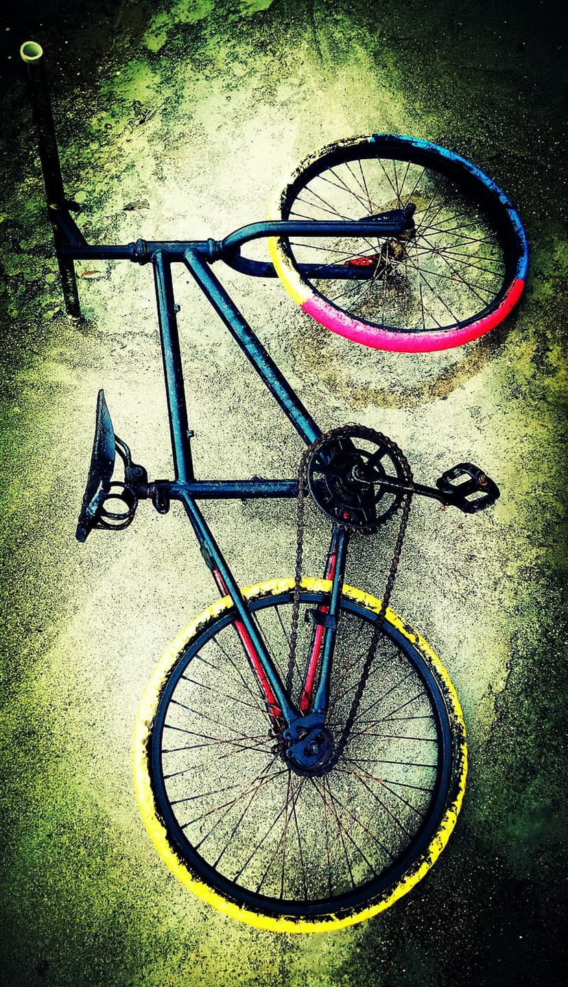 Vintage bicycle with neon yellow and pink rims leaning against mossy, weathered concrete in a close-up shot.