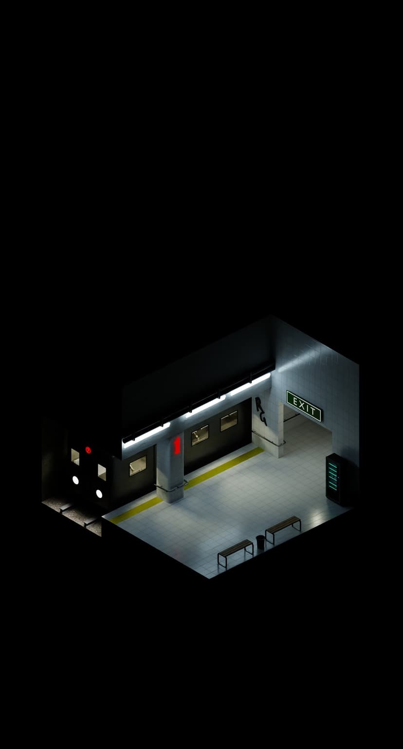 Subway station platform with benches, a vending machine, and a glowing exit sign in an isometric 3D perspective.