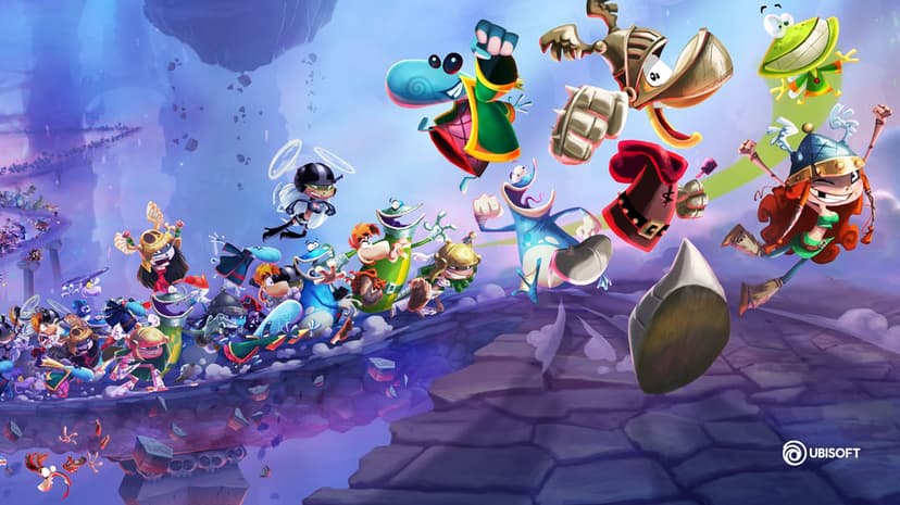 Rayman, Globox, and Barbara jumping across a stone bridge against a blue sky with floating islands.