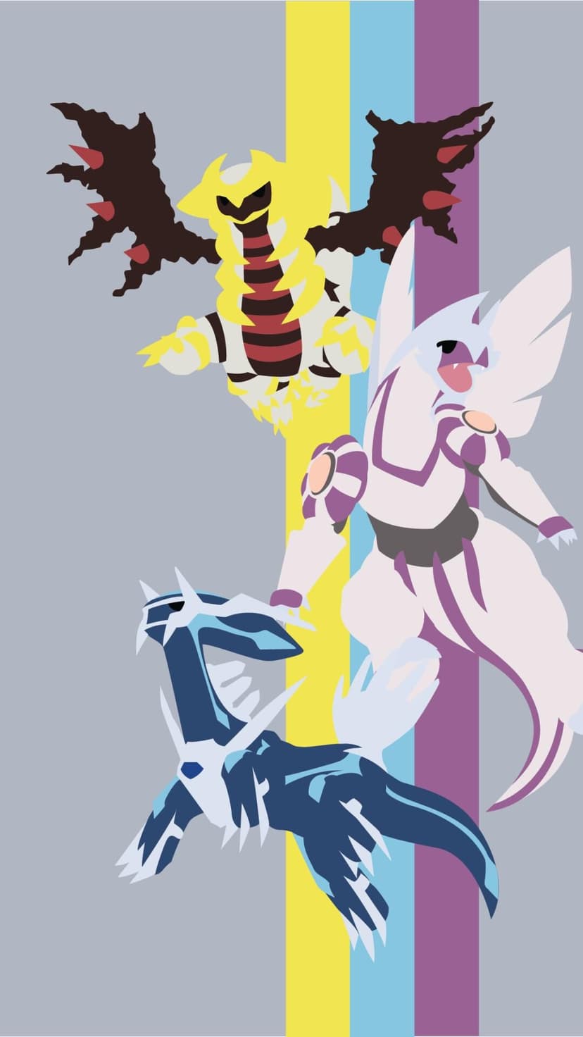 Flat vector art of Pokemon Dialga, Palkia, and Giratina on a grey background with yellow, blue, and purple stripes.
