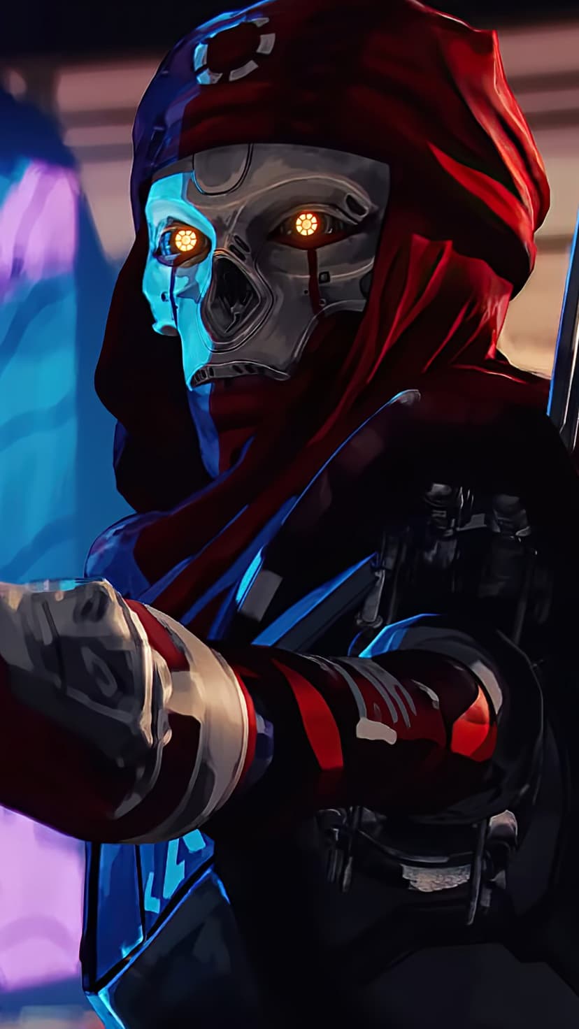 Robotic assassin with a metallic skull face, glowing orange eyes, and a red hood under blue cinematic lighting.