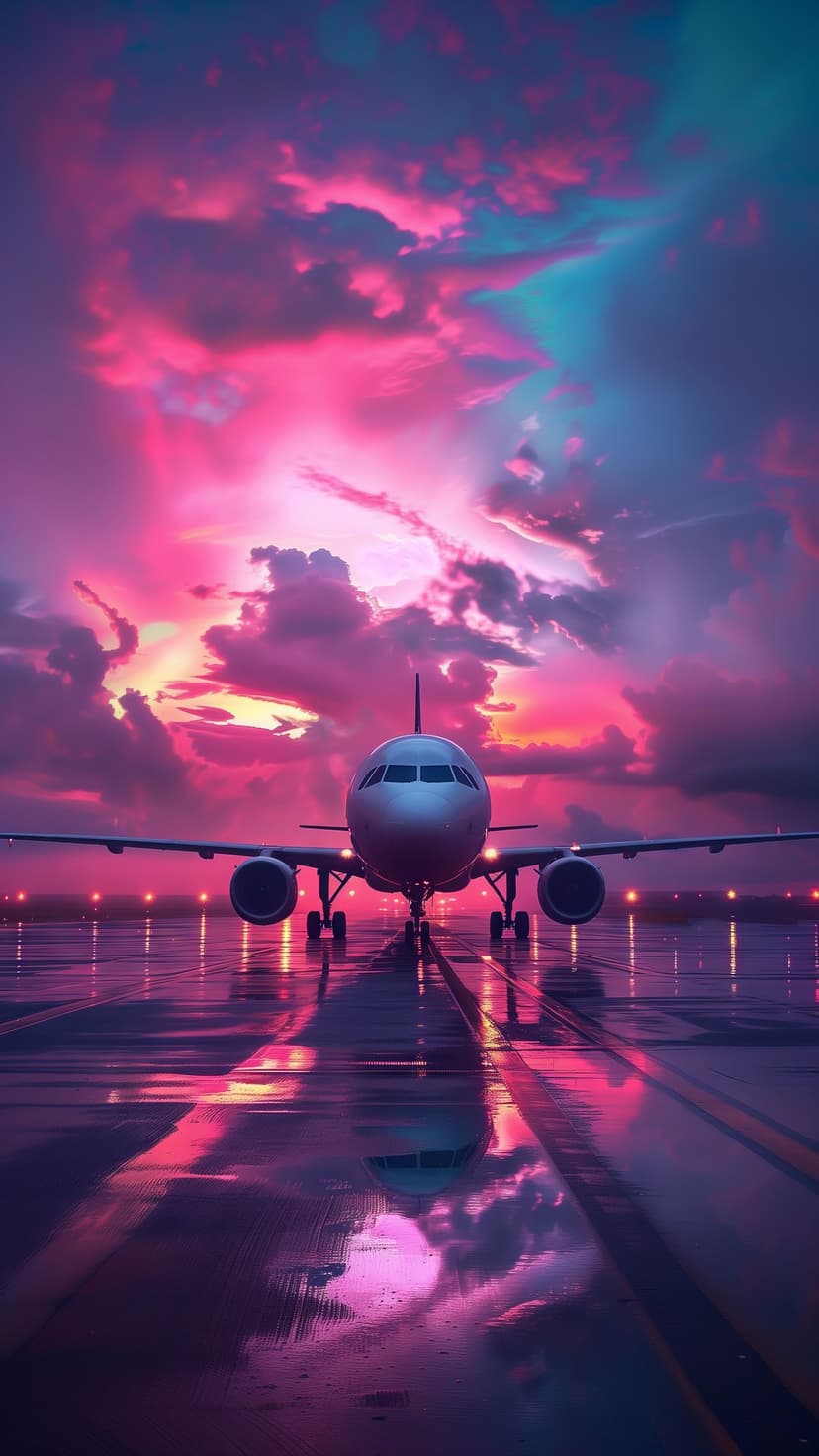 Passenger jet on a rain-slicked runway reflects a vibrant sunset of pink and turquoise clouds at twilight.