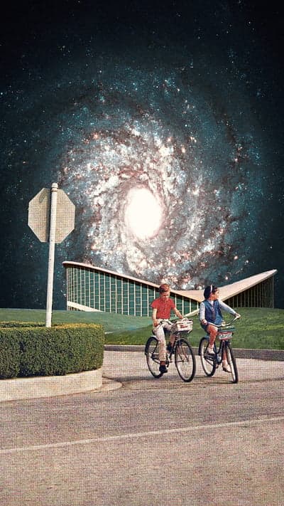 Retro Kids Cycle Under Galactic Swirl