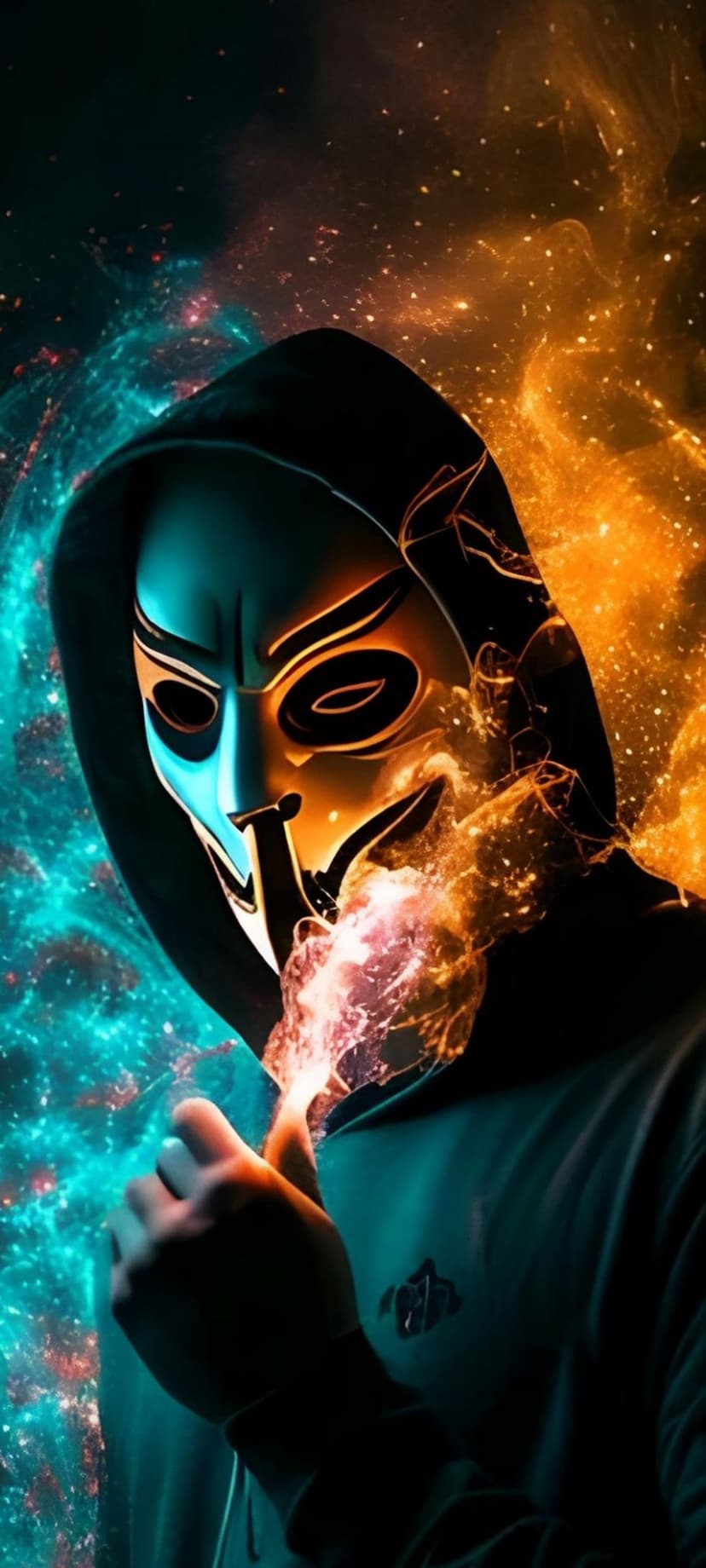 Masked figure wearing a neon-lit hacker mask against an orange and blue swirling cosmic galaxy backdrop.