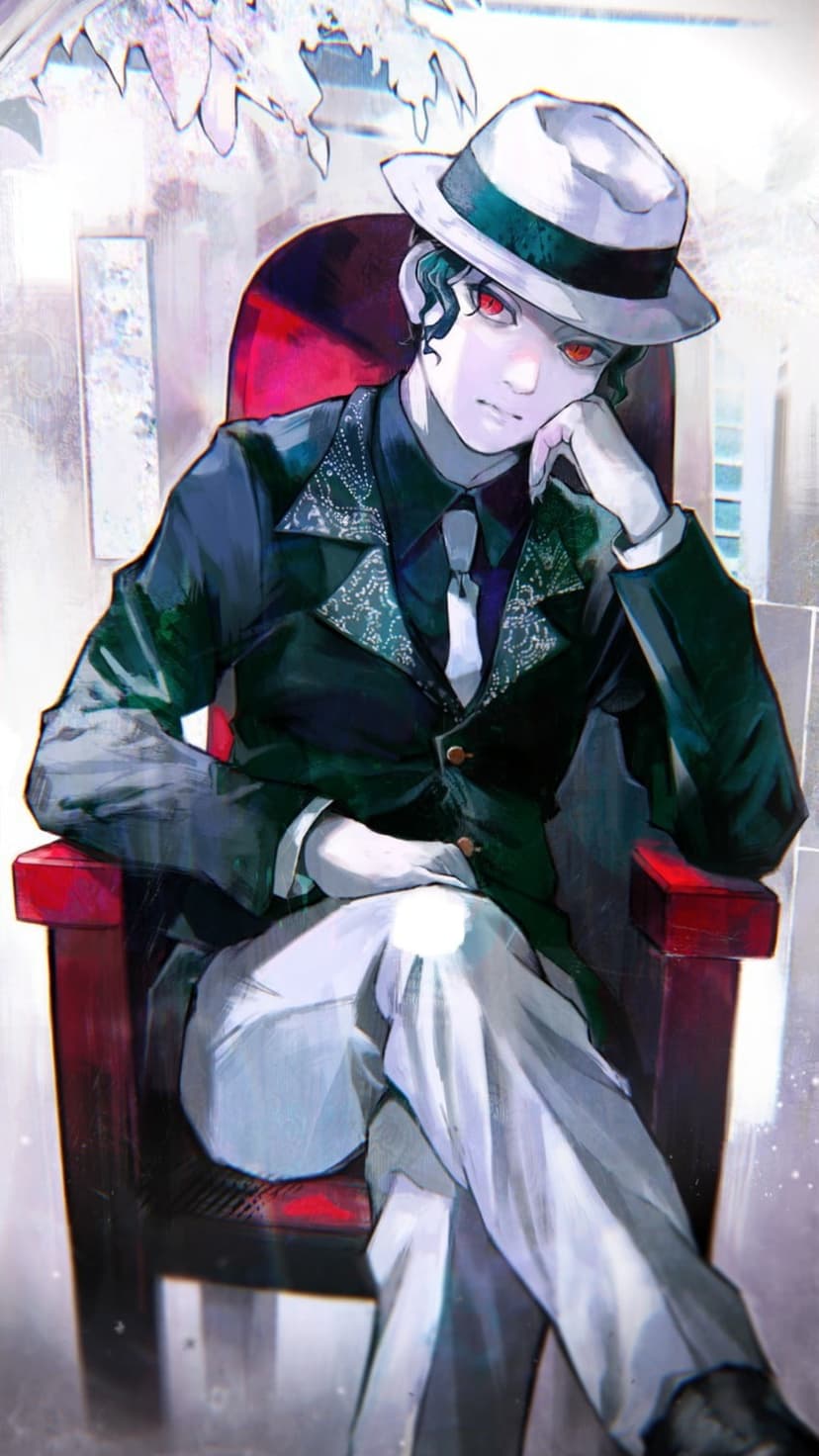 Red eyed man wearing a fedora and dark suit sits in a crimson chair while looking forward with a solemn gaze.