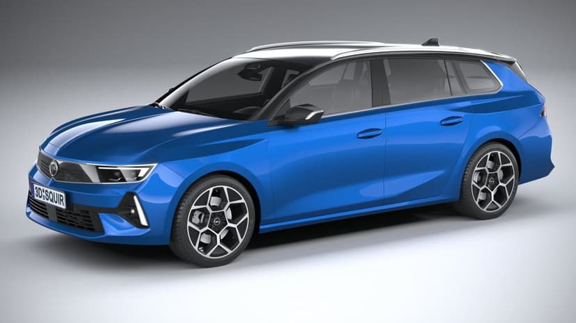 Blue Opel Astra Sports Tourer station wagon on a studio background with sleek alloy wheels and black roof.