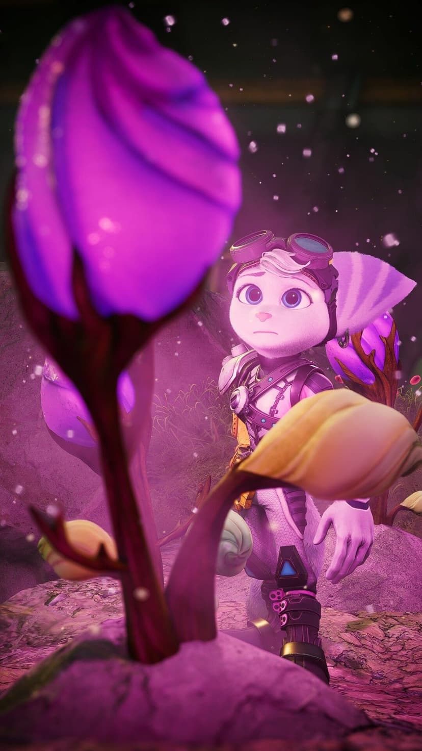 Rivet the Lombax looking up amidst glowing purple alien plants and floating particles in a misty forest.