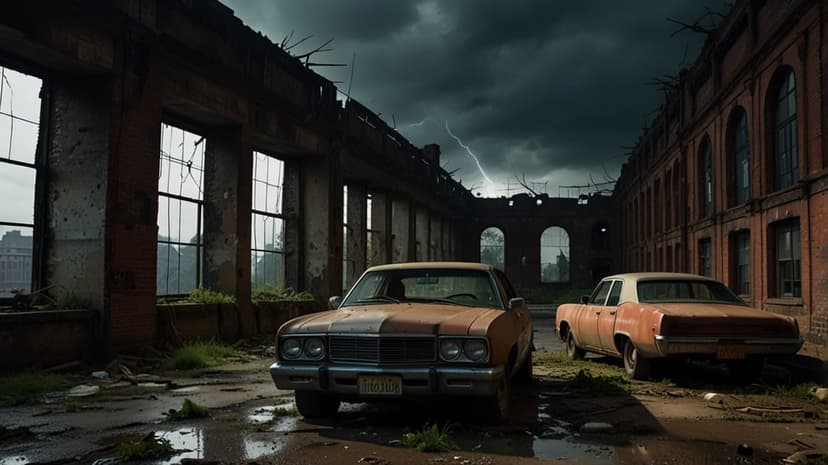 Rusted vintage cars sit in a crumbling industrial warehouse under a dark stormy sky with lightning flashes.