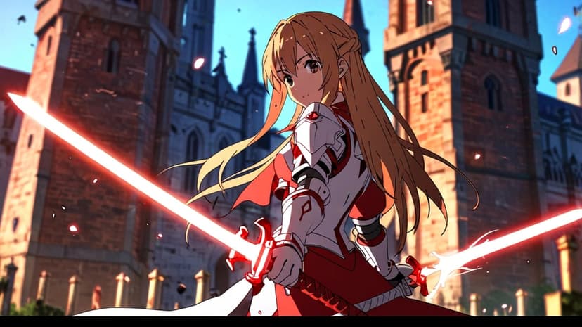Asuna Yuuki stands in red and white armor holding a glowing sword in front of a medieval stone building.