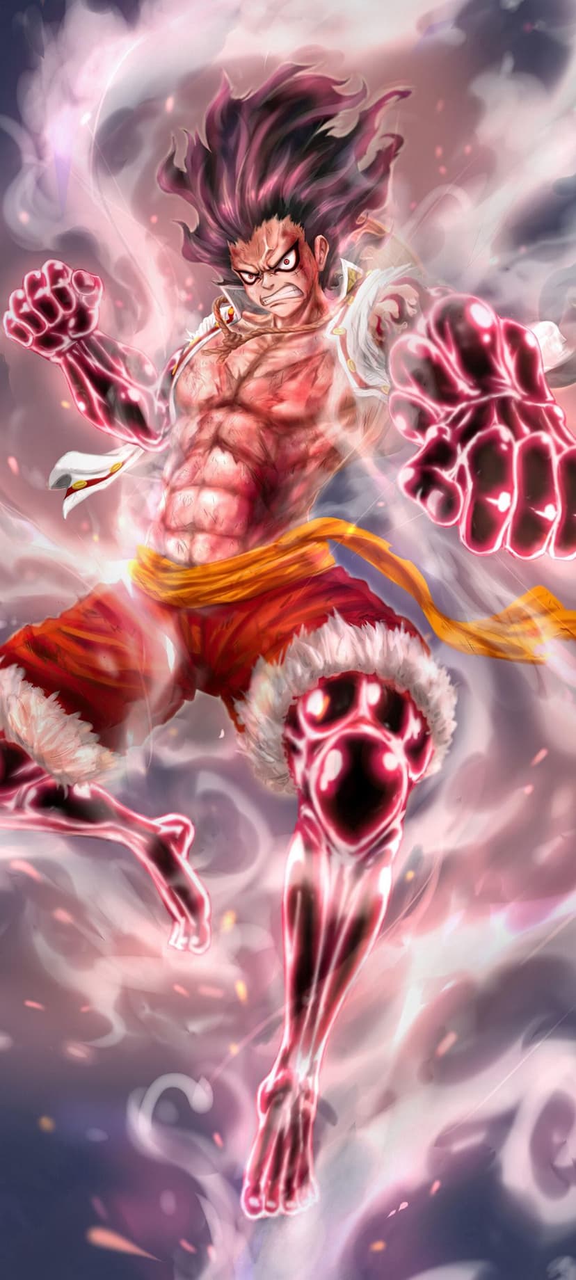 Monkey D. Luffy in Gear 5 form with glowing red arms, white hair, and a fierce grin against a dynamic background.