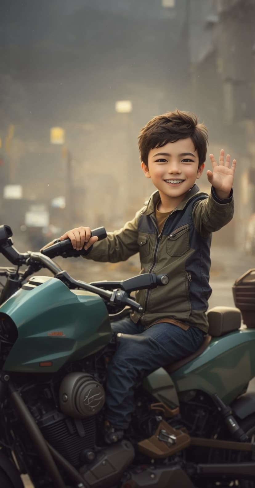 Young boy in a jacket waves from a motorcycle seat against a hazy urban background in a vertical portrait.