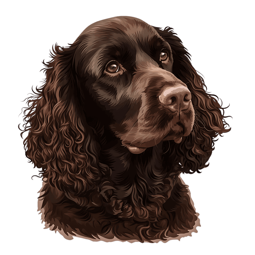 Brown cocker spaniel illustration featuring long wavy ears, amber eyes, and detailed fur on a clear background.