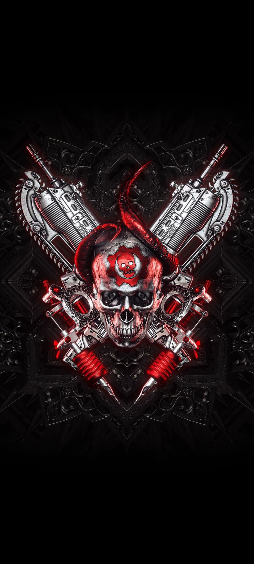 Stylized skull with red horns and a cog symbol on its forehead sits between crossed Lancer rifles and tattoo tools.