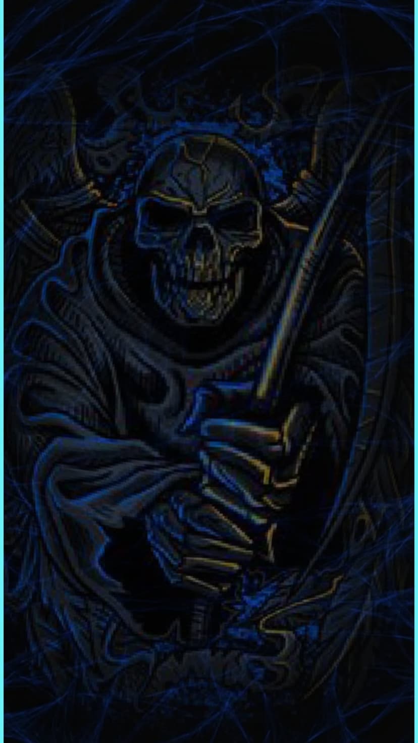 Grim Reaper with a skeletal face and glowing eyes holds a long metal scythe against a dark backdrop.