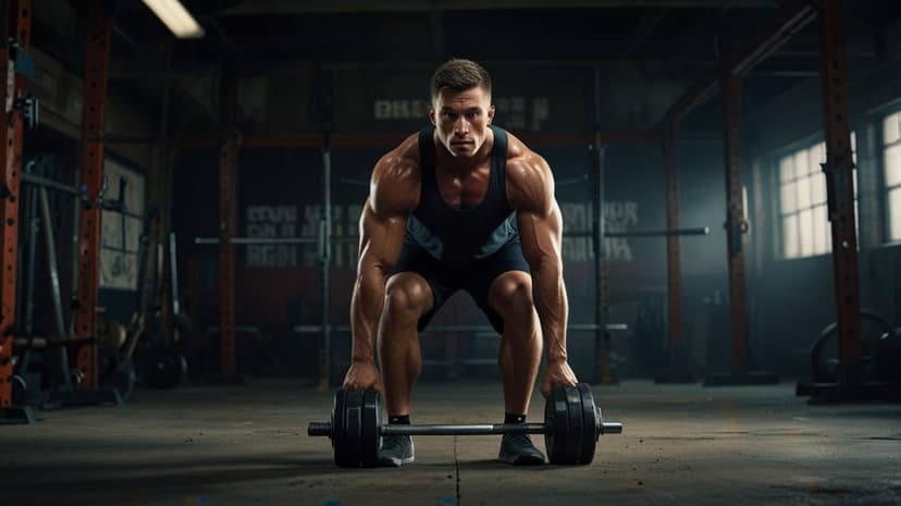 Muscular man lifting a loaded barbell during a deadlift in a dark, industrial gym with dramatic shadows.