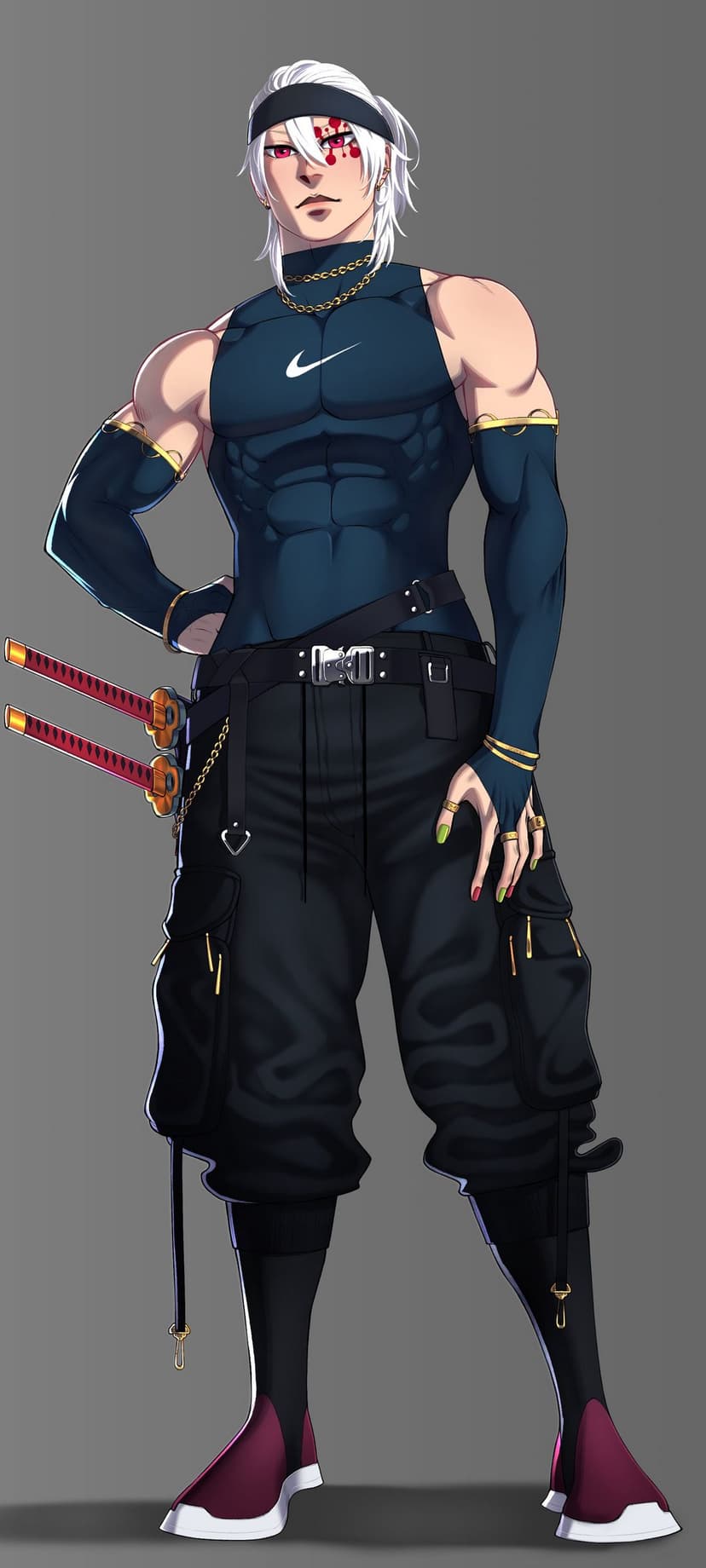 White-haired anime warrior in a navy sleeveless top and black cargo pants with dual katanas at his hip.