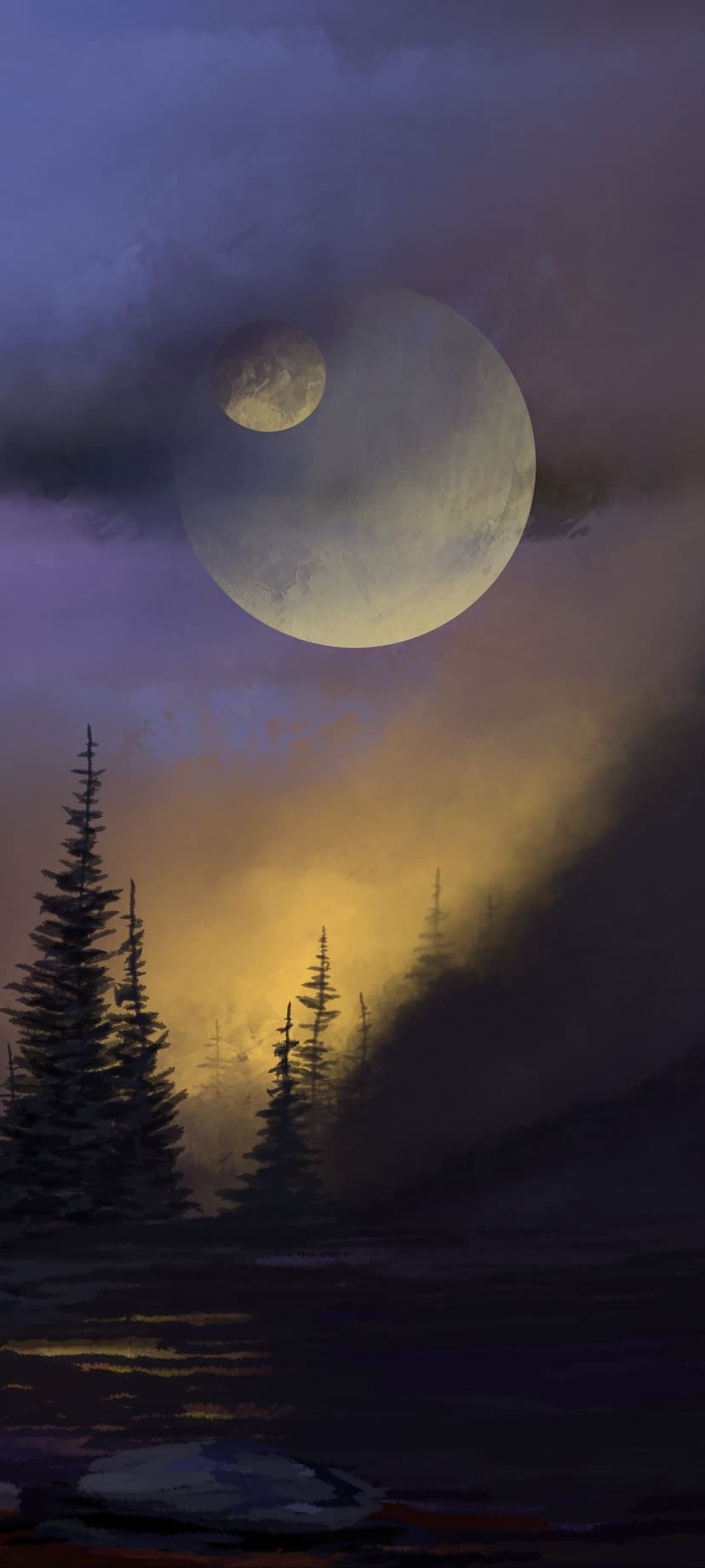Two large moons rise over a silhouetted pine forest and misty marshland under a purple and orange gradient sky.