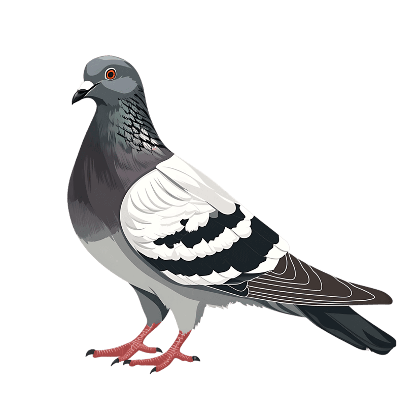 Columba livia pigeon stands in profile showing iridescent neck feathers, orange eyes, and red scaly feet.