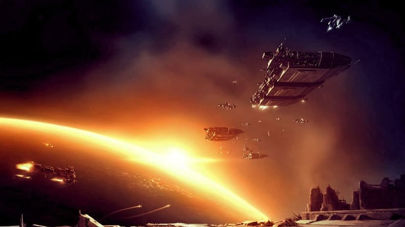 A fleet of futuristic spaceships orbits a glowing orange planet with a bright sun rising over the horizon.