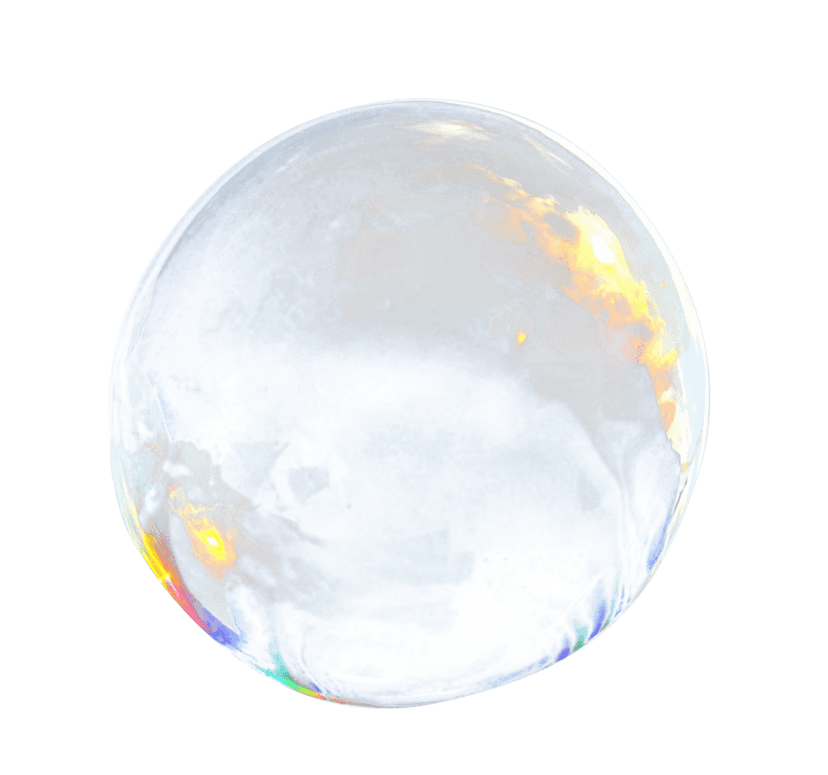 Iridescent soap bubble showing realistic light refraction and colorful specular highlights on a clear background.