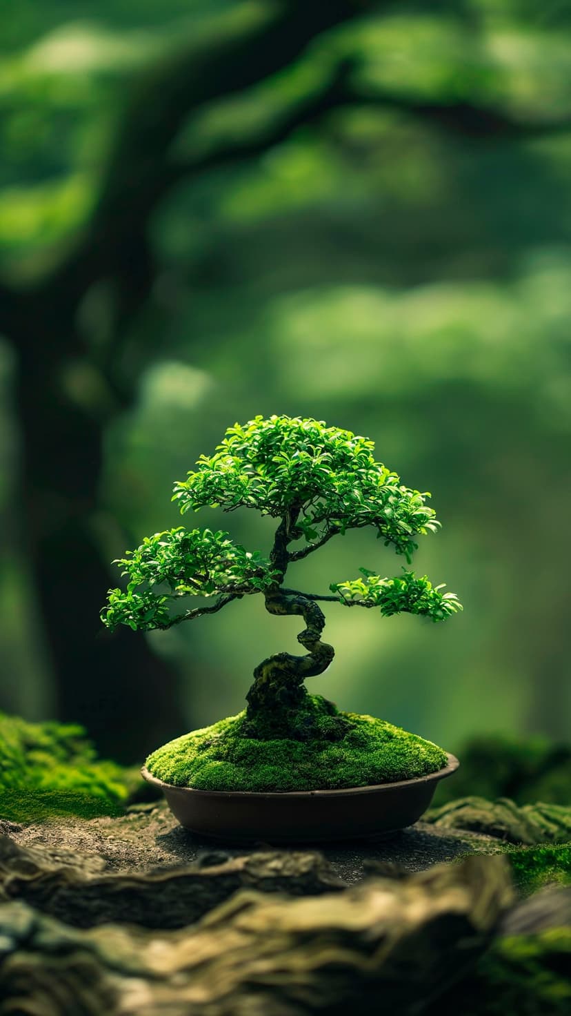 Sculpted bonsai tree in a shallow pot atop a mossy hill against a soft-focus, vibrant green forest background.