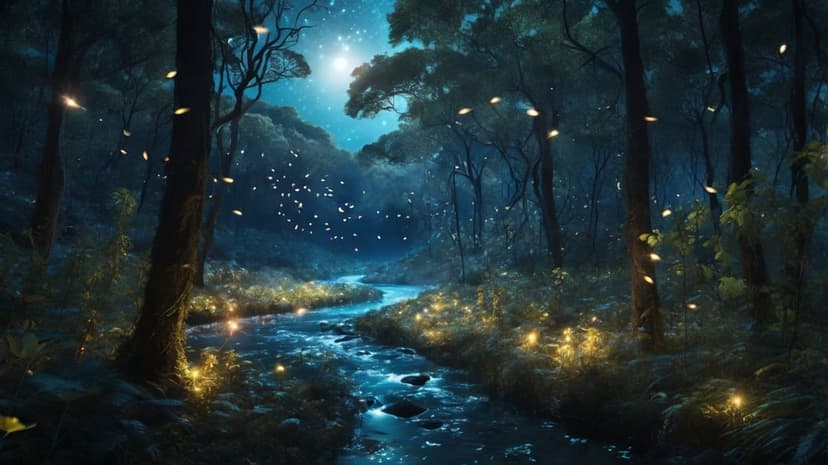 Luminous fireflies hover over a winding stream as moonlight illuminates the dense trees of a dark woodland scene.