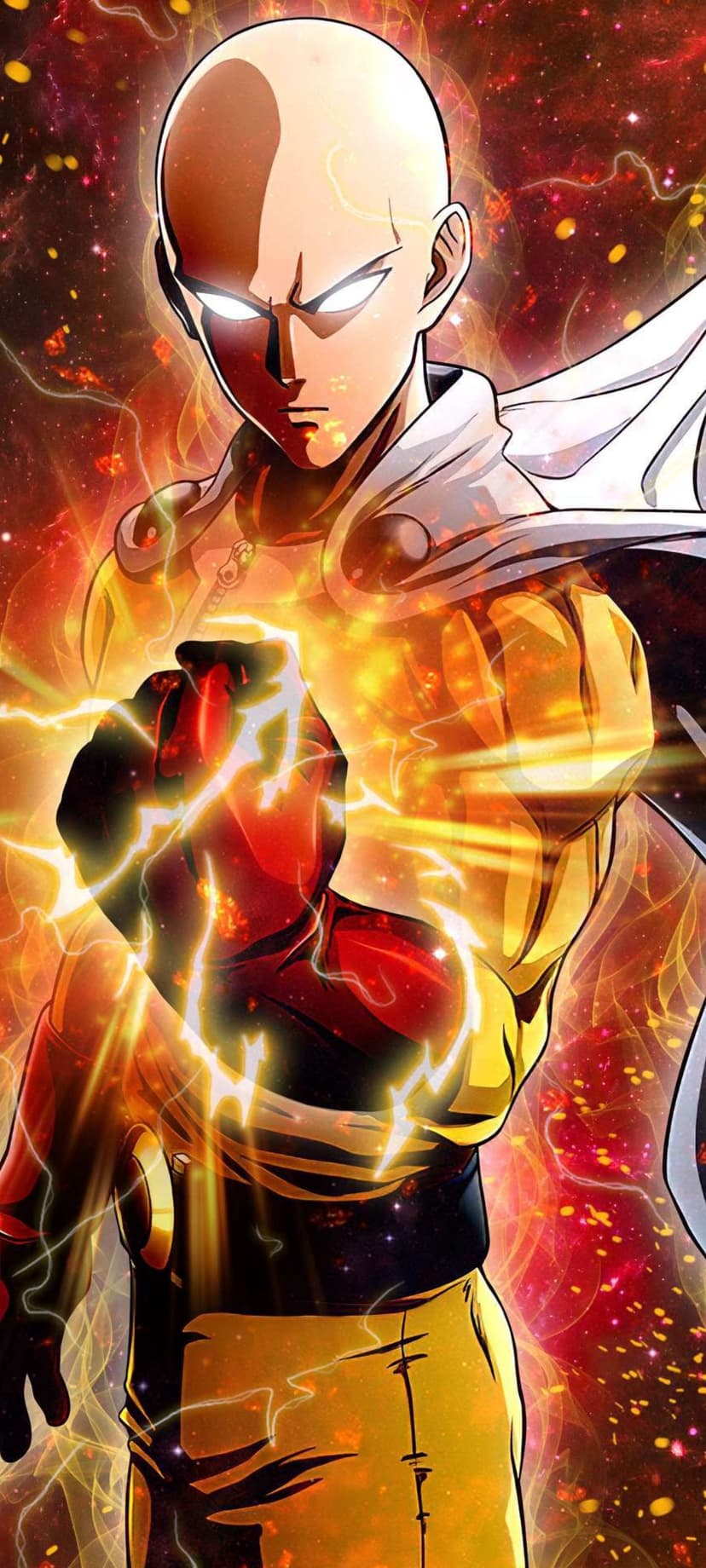 Saitama with glowing white eyes and a fist surrounded by lightning against a fiery red and orange starry sky.