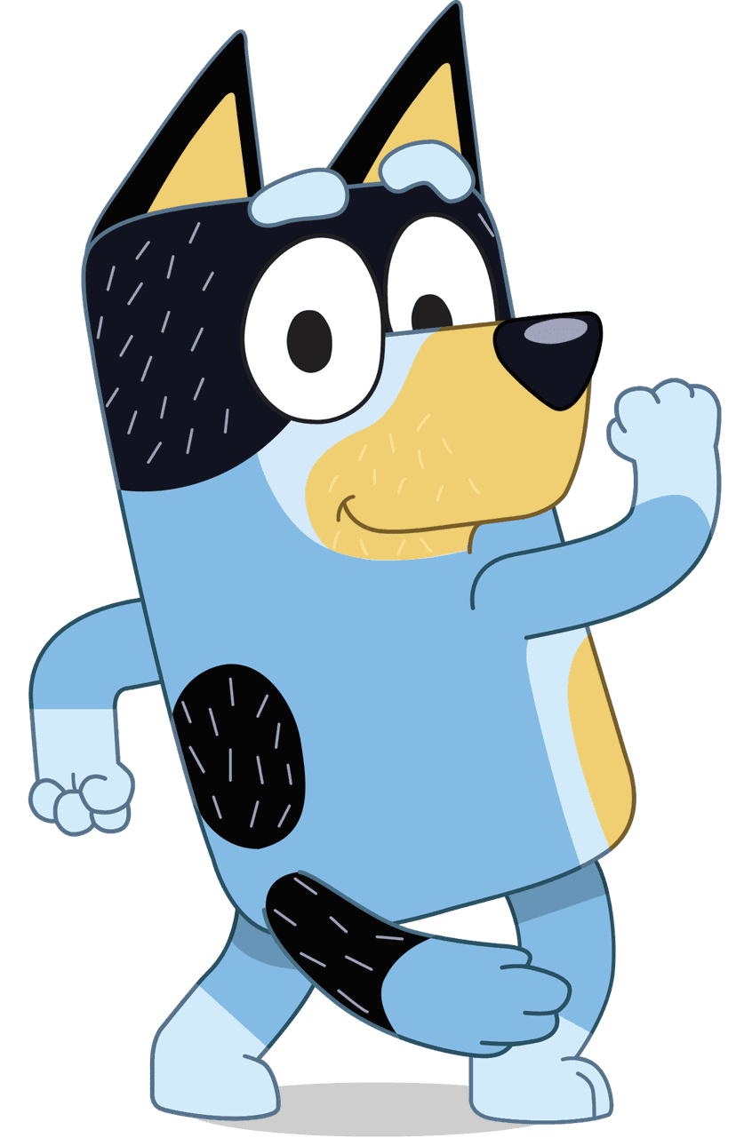 Blue cartoon dog character standing with a joyful expression featuring large ears and a white snout.
