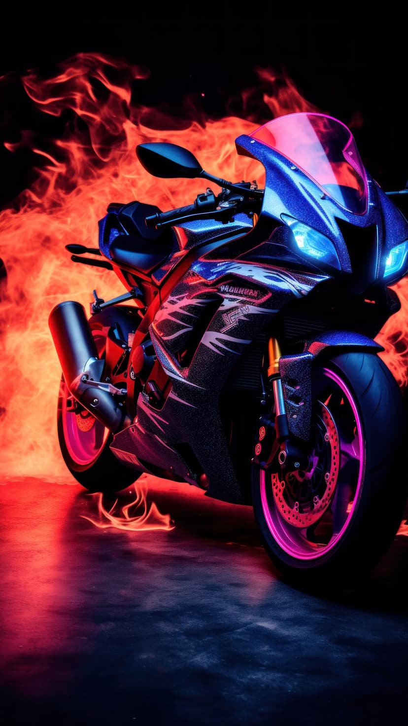 Blue sportbike with glowing headlights surrounded by swirling orange and red flames on a dark vertical backdrop.