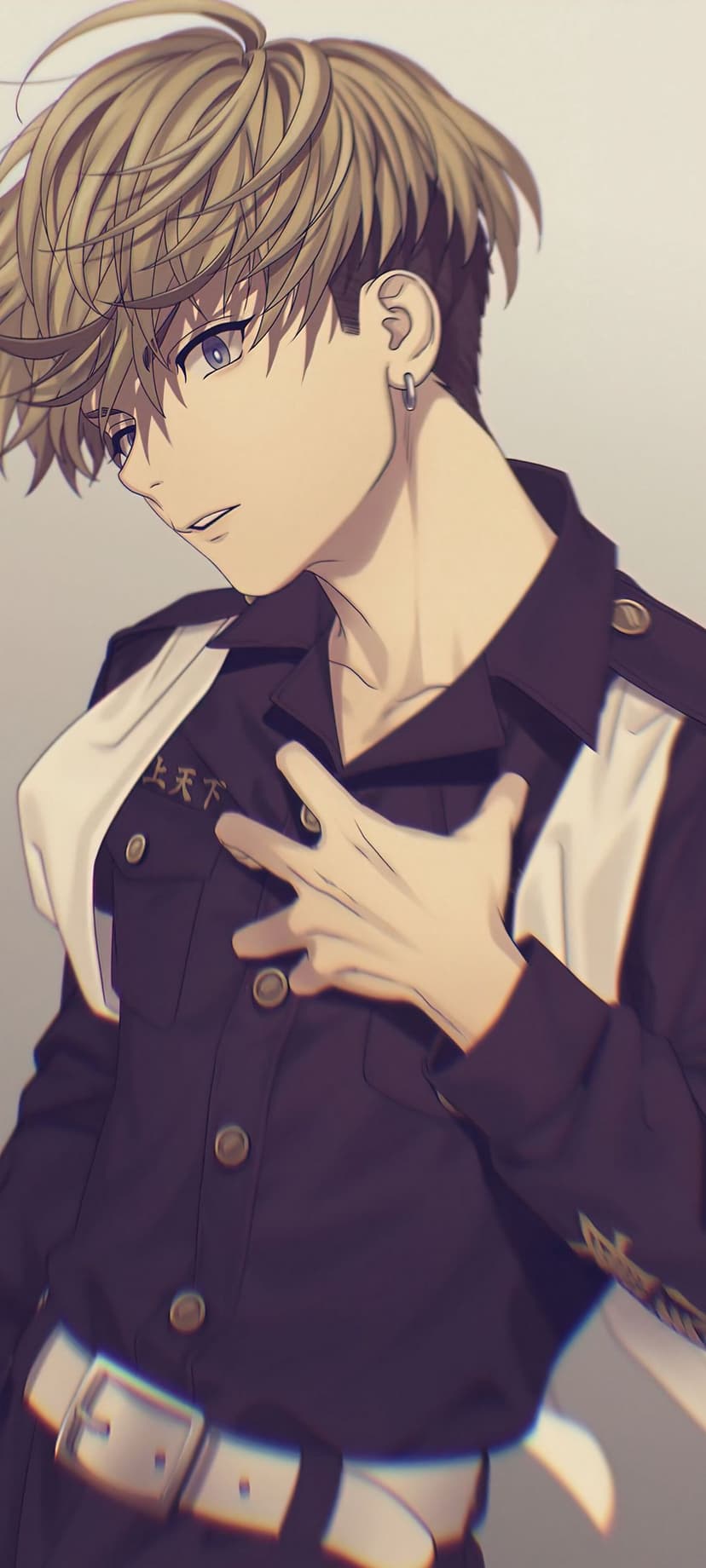 Blonde young man with purple eyes and a gold-trimmed dark uniform resting his hand on his chest with a sad look.