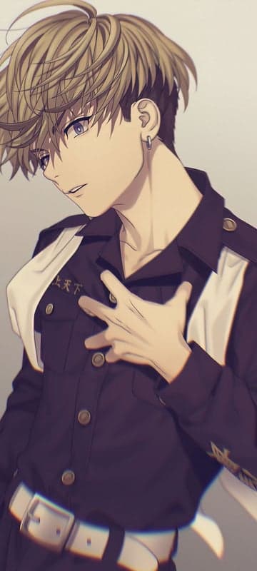 Anime boy with blonde hair and dark uniform posing