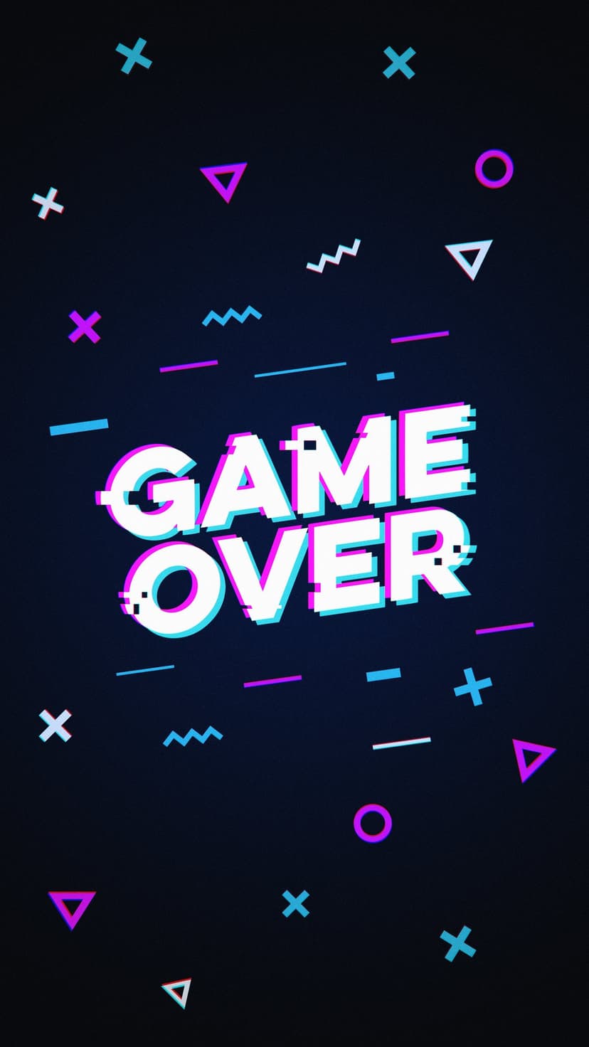 Game Over text with cyan and pink glitch distortions sits among neon triangles and circles on a black backdrop.