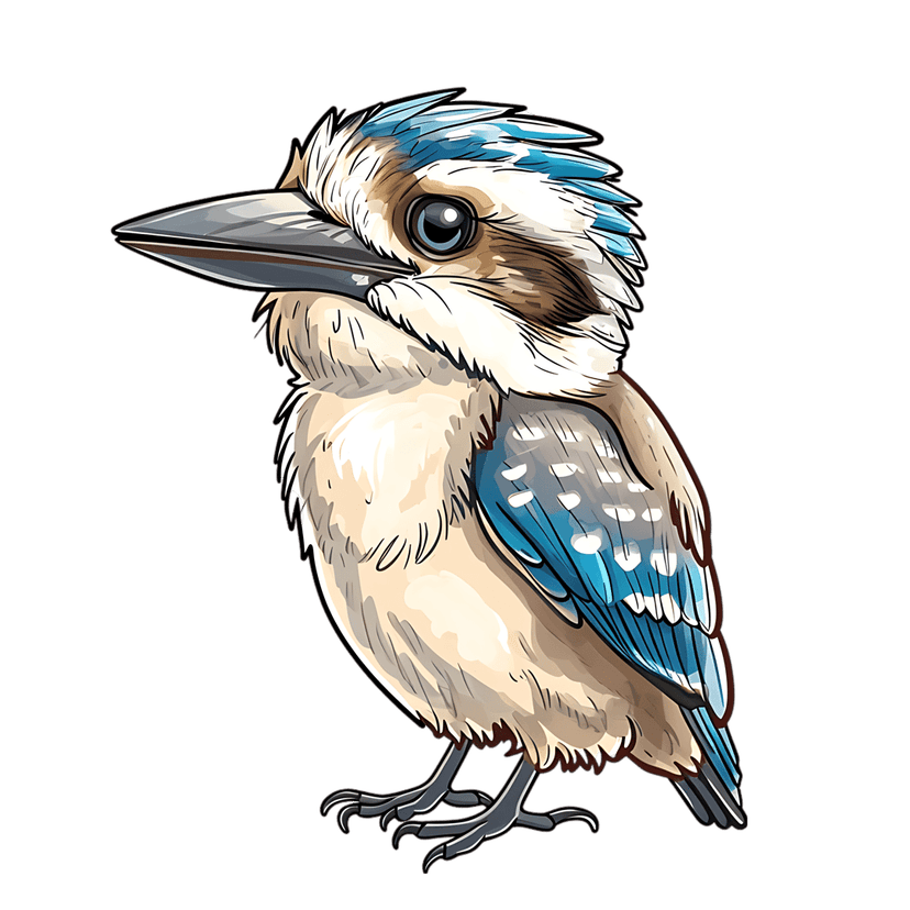 Kookaburra bird illustration with blue feathers and a large beak sits alert in a profile view on a dark background.