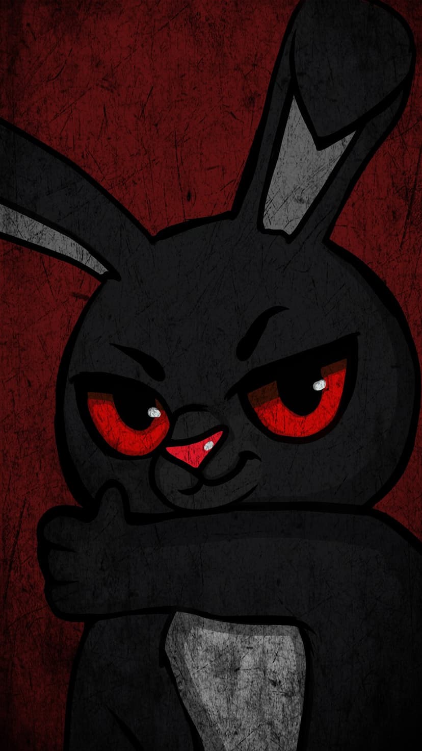 Defiant black rabbit with glowing red eyes and crossed arms poses against a textured, grungy red background.