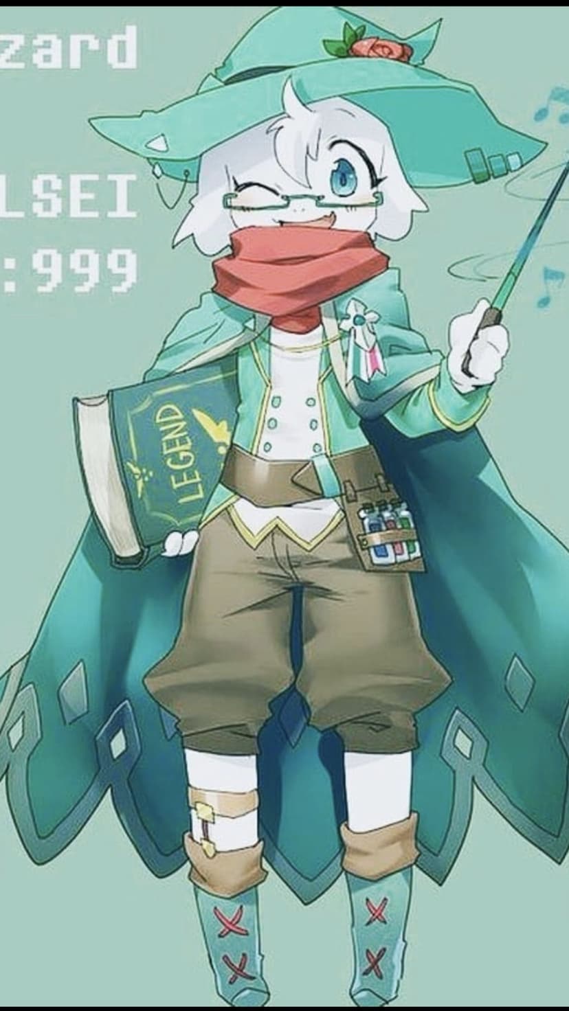 Fluffy white cat wizard wearing a teal cape and green hat holds a magic wand and a book titled Legend.