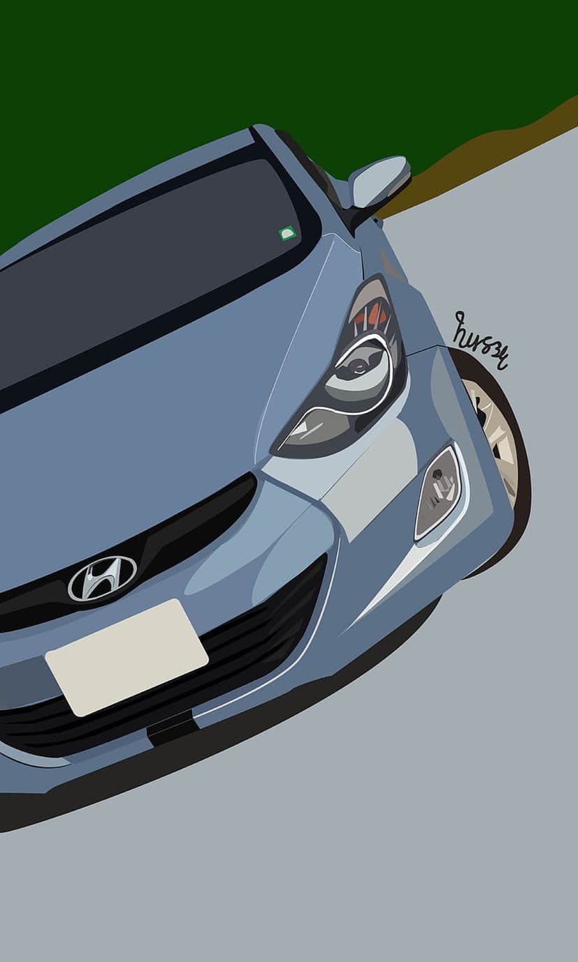 Blue Hyundai car with illuminated headlights on a grey road surrounded by a dark green forest background.