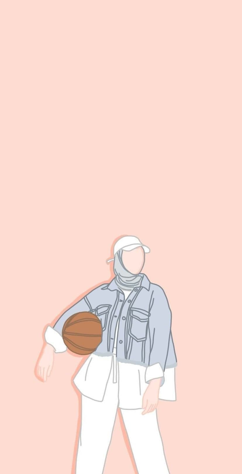 Woman wearing a hijab, baseball cap, and denim jacket holds a basketball against a flat peach background.