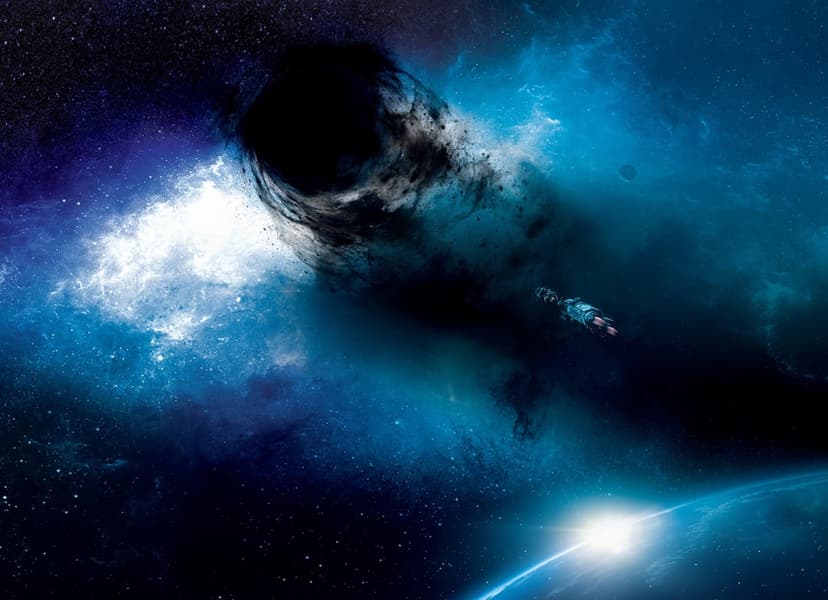 Alien starship flies near a swirling blue cosmic anomaly and a glowing planet in the dark expanse of deep space.
