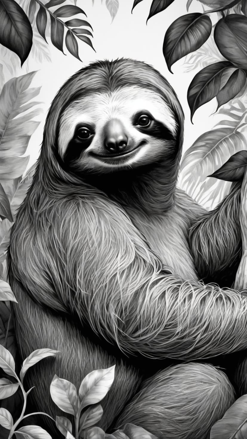 Smiling sloth peers through large jungle leaves in a detailed black and white portrait with textured fur.
