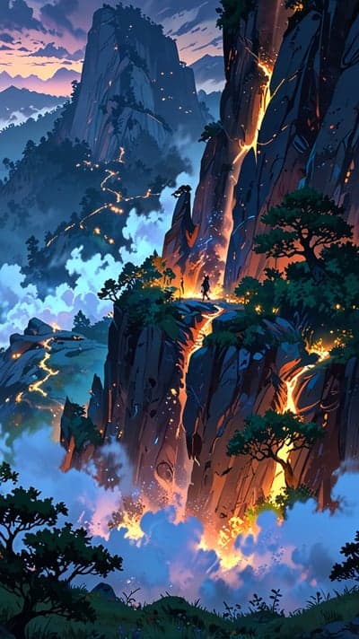 Radiant Lava River and Dark Mountain Peaks Mobile Wallpaper