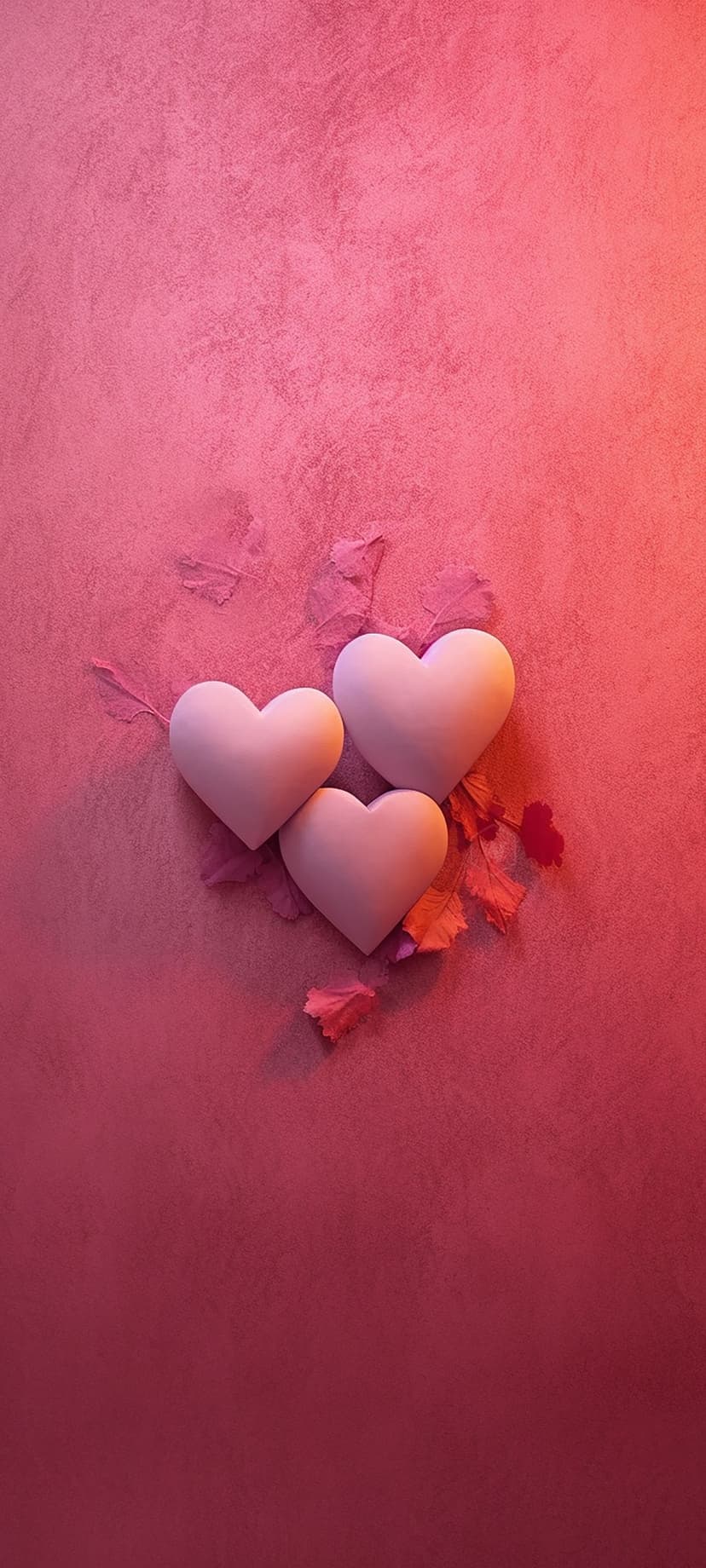 Three white heart shapes cluster on a grainy pink background with soft shadows and delicate translucent leaves.
