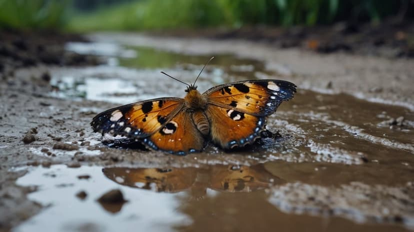 Orange butterfly perches on damp soil beside a reflective puddle showing blurry green foliage in the sun.