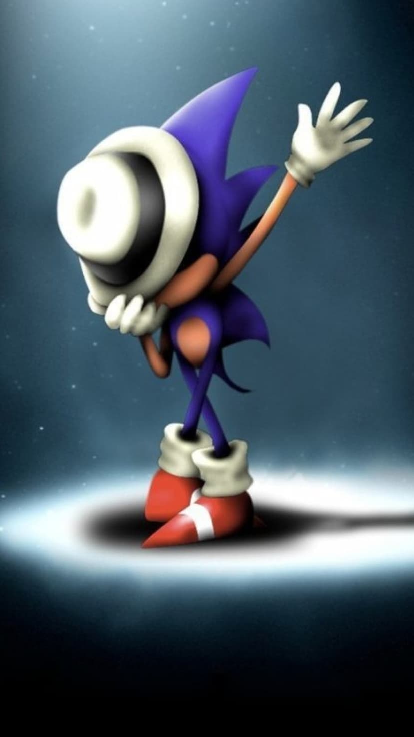 Sonic the Hedgehog wearing giant black headphones and white gloves against a glowing dark blue background.