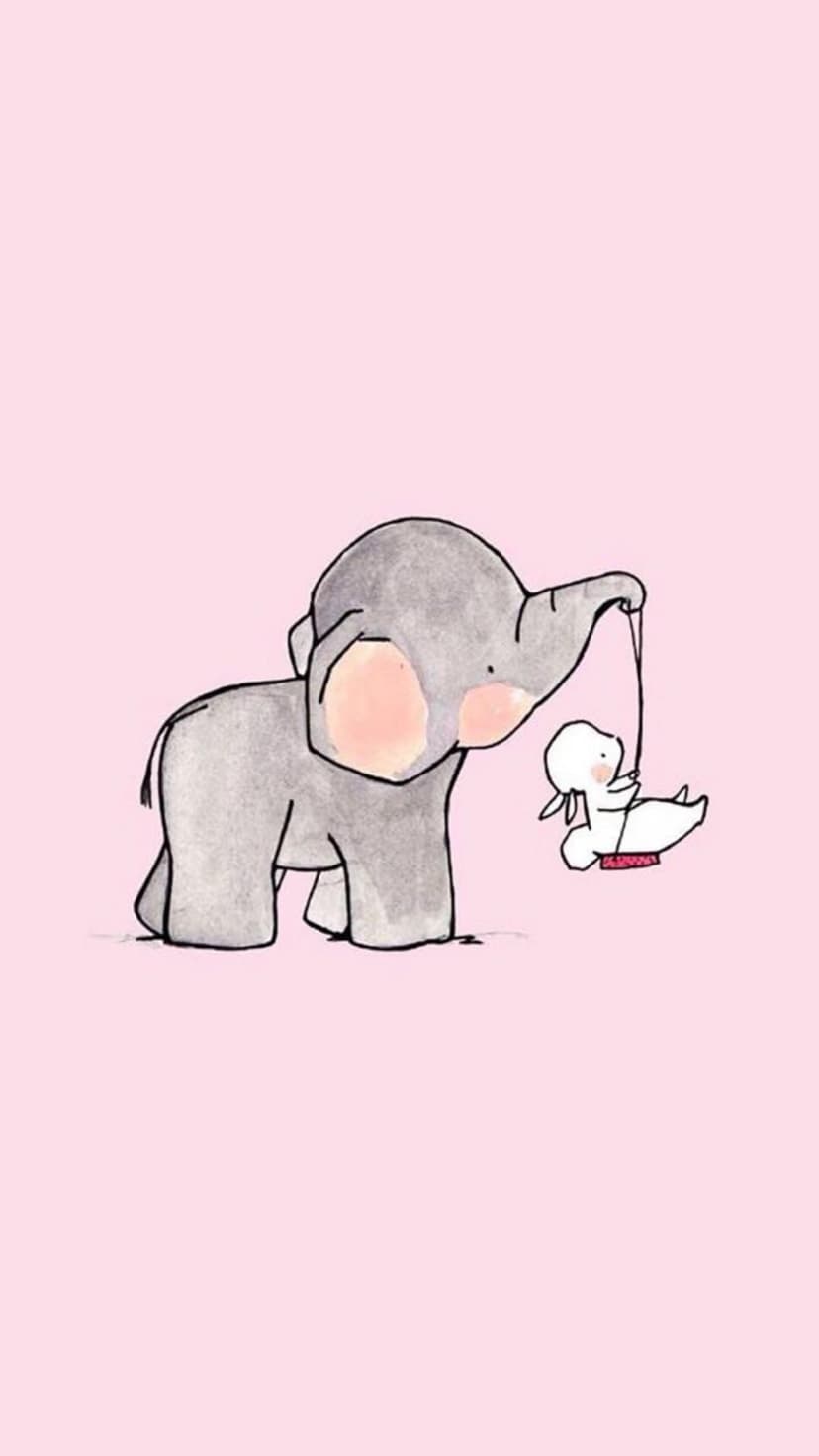 Small elephant pushes a fluffy white bunny on a simple rope swing against a soft pastel watercolor background.