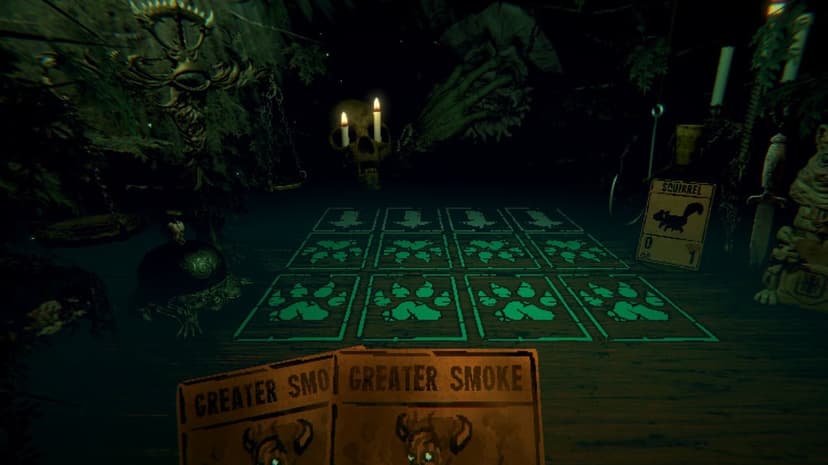 Dimly lit cabin interior with a glowing green card board, a skull with candles, and hand-held game cards.