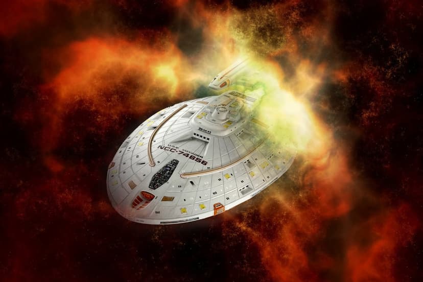 Starfleet spacecraft NCC-74856 glides through swirling orange and red nebula clouds with green glowing energy.